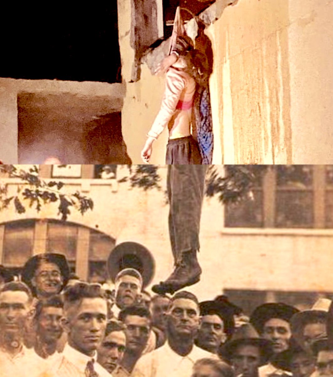 _bilaire's tweet photo. white supremacy, then and now 

left: Lige Daniels, age 16. lynched in Center, Texas 2 August 1920

right: Sidra Hassouna, age 7. lynched in Rafah, Gaza 12 February 2024

the same picture, the same white supremacy, a century apart https://t.co/Q9vBgKrHRk