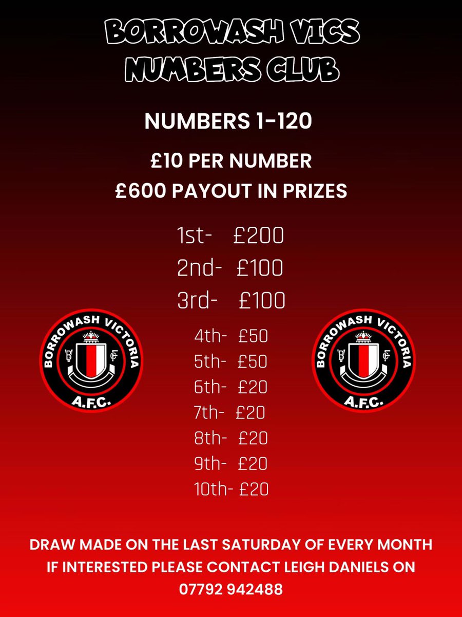 VICS NUMBERS CLUB. 1-120 

60 numbers remaining. Contact the club to help support and be in with a chance of winning each month in the monthly draw. 

£10 per number!