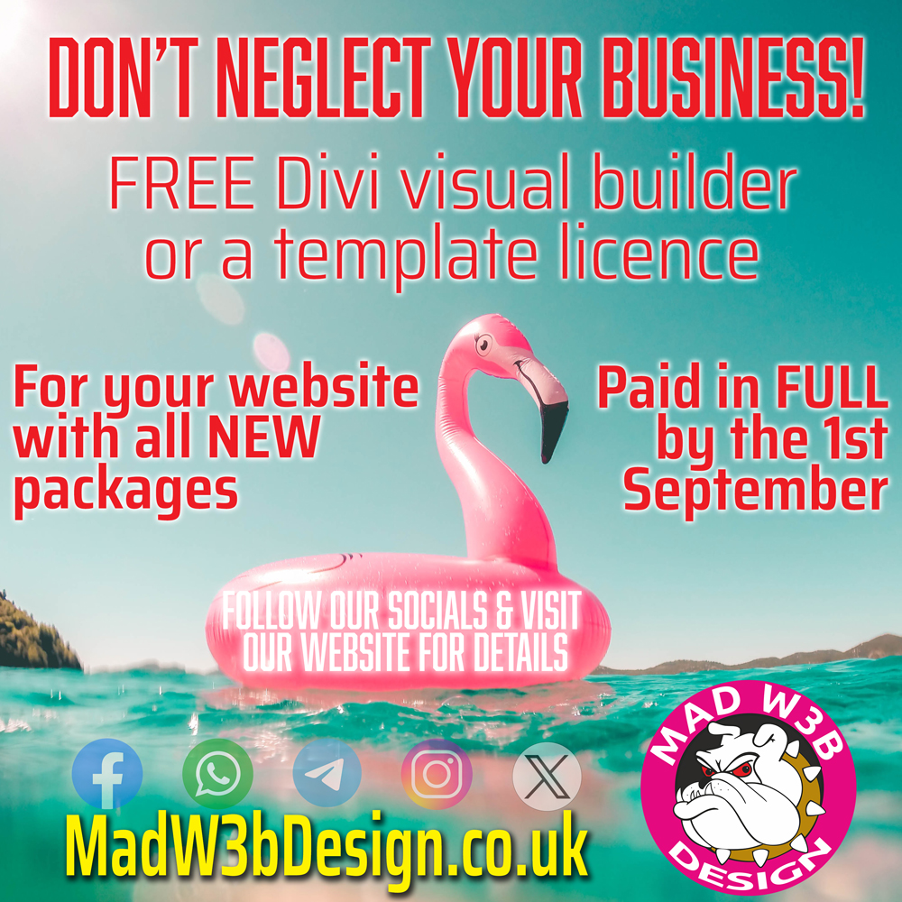 madwebuk's tweet image. 📢 AUGUST FREE OFFER!

🗣️ With #MadWeb Unrivalled packages

📋 FREE DIVI Visual Builder or AVADA Template Licence✔

💷 With NEW website orders paid by 01/09/2024

📱 WhatsApp/Telegram 07886 069998
☎️ 01386 291025

📩 email for details

🌐 madw3bdesign.co.uk/2024/08/07/fre…