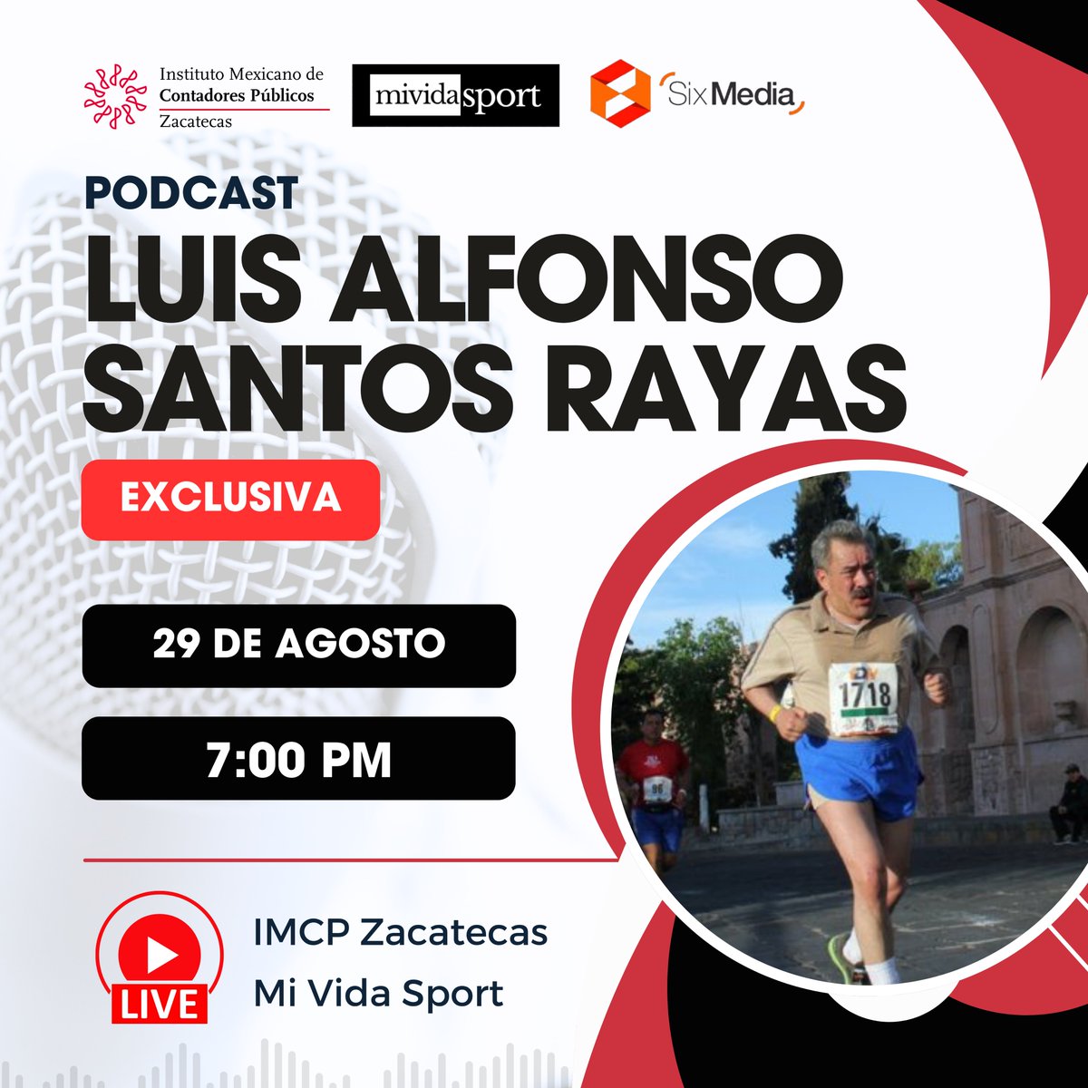 IMCPZacatecas's tweet photo. 📷📷Acompáñanos hoy a las 𝟳:𝟬𝟬 𝗽.𝗺.para una entrevista con el 𝗗𝗿. 𝗟𝘂𝗶𝘀 𝗔𝗹𝗳𝗼𝗻𝘀𝗼 𝗦𝗮𝗻𝘁𝗼𝘀 𝗥𝗮𝘆𝗮𝘀, corredor apasionado, contador, docente y Ex Presidente de nuestro IMCPZ. ¡No te lo pierdas!
#zacatecas #carrerazac #mividasport #imcpzacatecas #sportzacatecas https://t.co/1vf9U2czzp