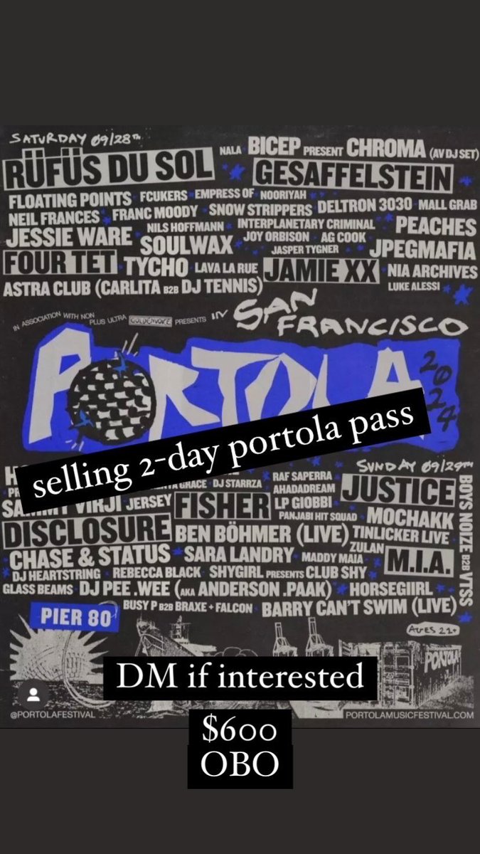 Selling one 2day pass to <a href="/PortolaFestival/">Portola Festival</a>  $600 OBO. DM if interested, plz share!