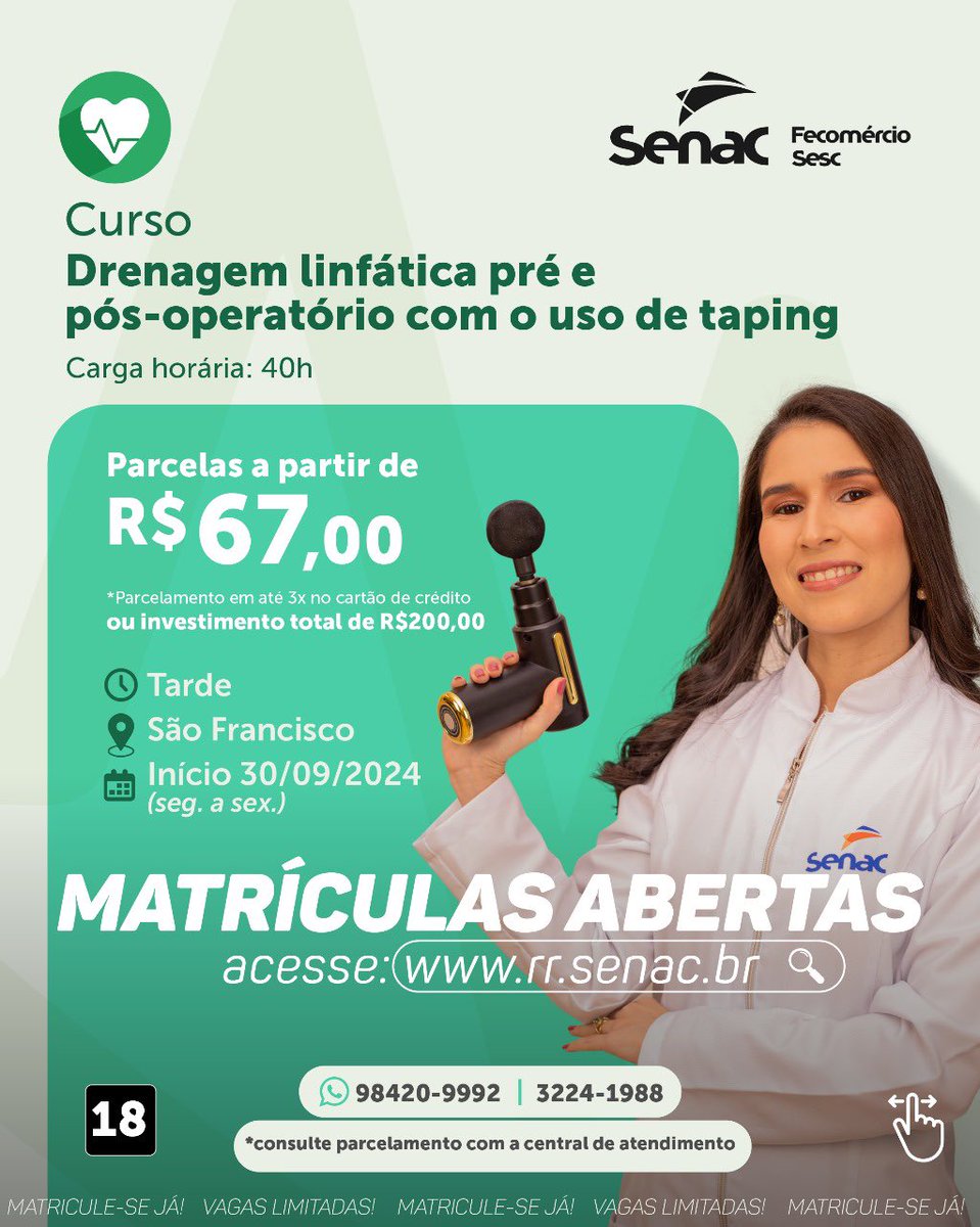 Amplie sua expertise em estética e fisioterapia com o curso de Drenagem Linfática Pré e Pós-Operatório com o uso de Taping!

🔗 Inscreva-se agora no site ou visite a unidade do Senac mais próxima!

Acesse: rr.senac.br