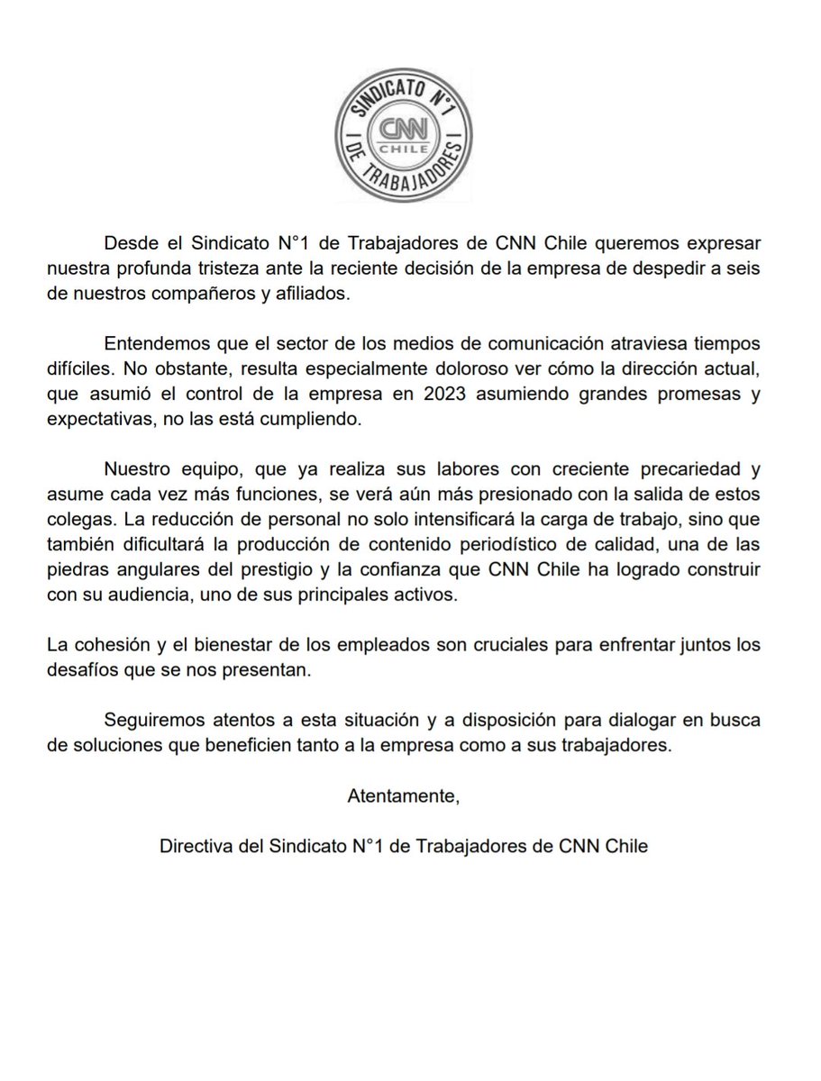 Declaración Sindicato N°1 de CNN Chile ante despido de 6 de nuestros compañeros.