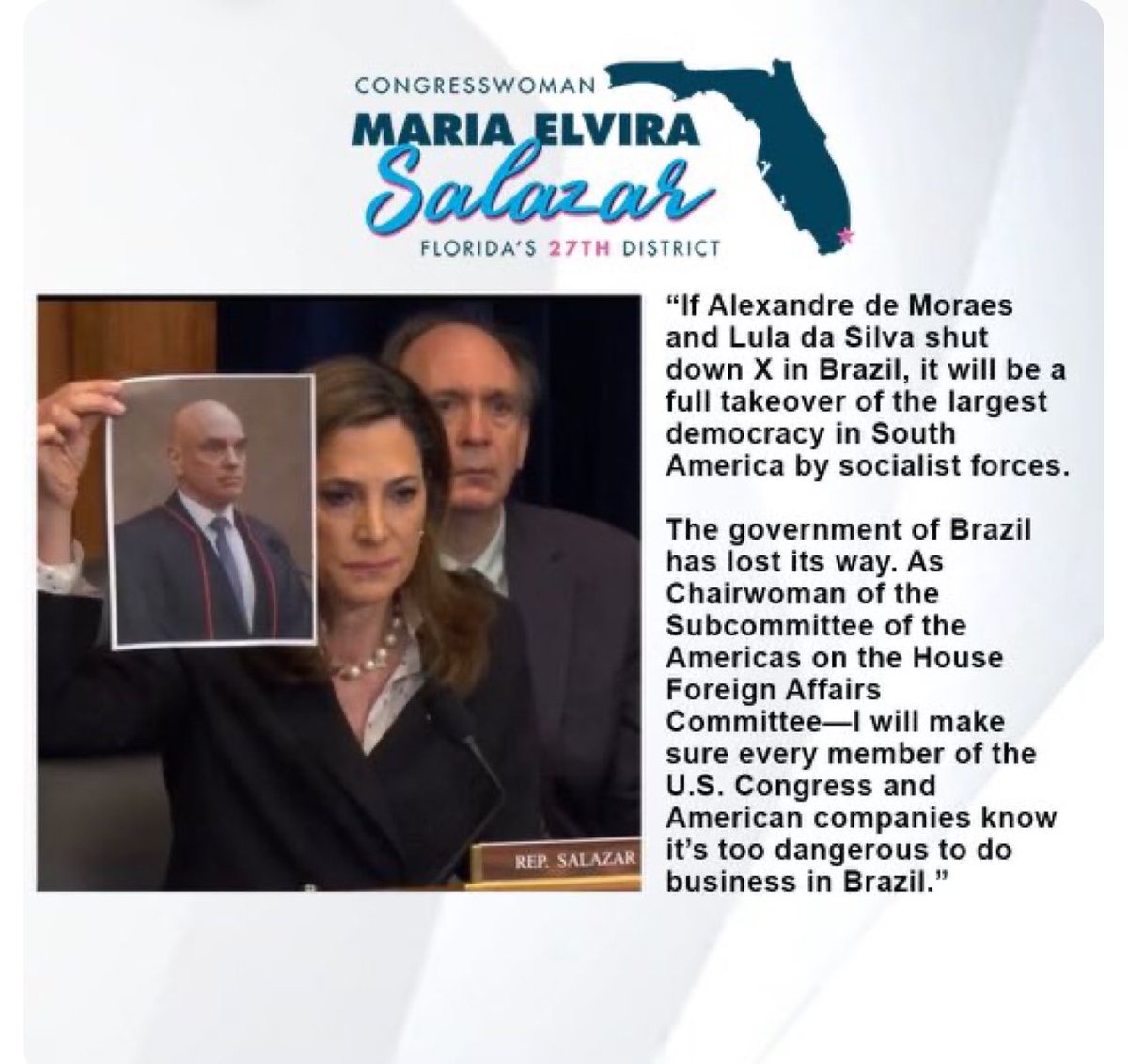 areamilitarof's tweet photo. A decisão de Alexandre de Moraes está repercutindo muito rapidamente e com atenção pelos congressistas americanos incluindo até mesmo pelos políticos democratas.

Agora há pouco, a congressista republicana pela Flórida, María Elvira Salazar, que já havia mostrado a foto de Moraes durante uma audiência pública sobre censura na Casa dos Representantes, pronunciou-se sobre o caos contra a liberdade no Brasil.

“Respeite a liberdade dos brasileiros, o Congresso dos EUA está de olho. Hoje é @elonmusk e X, mas siga por esse caminho e nenhum discurso estará seguro novamente”.

Salazar trabalha atualmente na retirada do visto americano de Moraes.