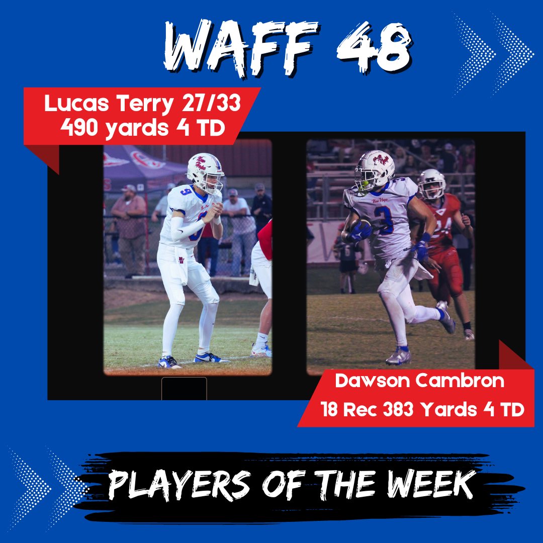 New Hope Football (@nhhs_fb) on Twitter photo Congratulations to <a href="/lucasterry08/">Lucas Terry</a> and <a href="/DawsonCambron/">Dawson Cambron</a> for being named <a href="/waff48/">WAFF 48</a> players of the week. Tune in to the 6 pm and 10 pm news broadcasts to see them featured. #RollTribe Congratulations to <a href="/lucasterry08/">Lucas Terry</a> and <a href="/DawsonCambron/">Dawson Cambron</a> for being named <a href="/waff48/">WAFF 48</a> players of the week. Tune in to the 6 pm and 10 pm news broadcasts to see them featured. #RollTribe