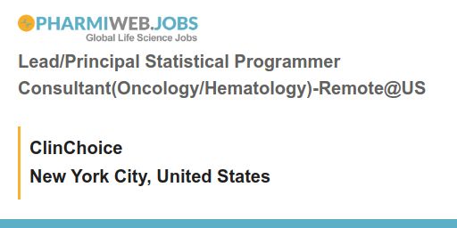 PharmaNewsUS's tweet image. Lead/Principal Statistical Programmer Consultant(Oncology/Hematology)-Remote@US
buff.ly/3Xn7GA9
#StatisticalProgrammer #RemoteJobUS #Oncology #Hematology #ClinicalResearch #ClinChoice #pharmiweb