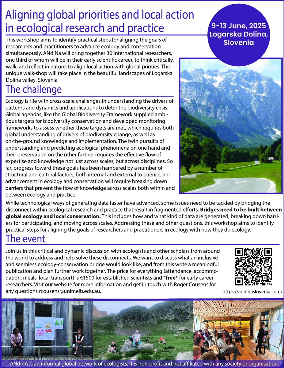 🚨Opportunity alert! Call for applications to the 2025 Andina workshop in beautiful Logarska Dolina:

"Aligning global priorities and local action in ecological research and practice"

🔗andinaslovenia.com

cc <a href="/csbq_qcbs/">CSBQ-QCBS</a> <a href="/ESA_org/">Ecological Society</a> <a href="/CSEE_SCEE/">CSEE_SCEE</a>