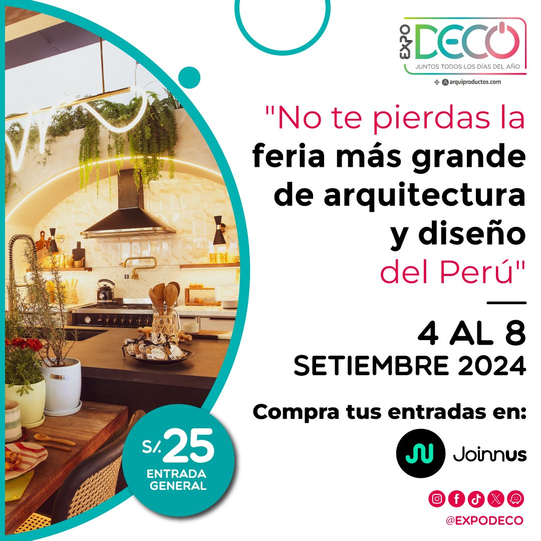 joinnus's tweet image. ¡Falta poco para la Expodeco 2024! 🌟

Prepárate para vivir el evento de diseño y decoración más top del año. 😎

📅 Del 4 al 8 de sept
📍 C.C. Corporación E. Wong
🎟️ Entradas en Joinnus.com

#ExpoDeco2024 #Diseño #Decoración #Inspiración #DiseñoQueInspira #Joinnus