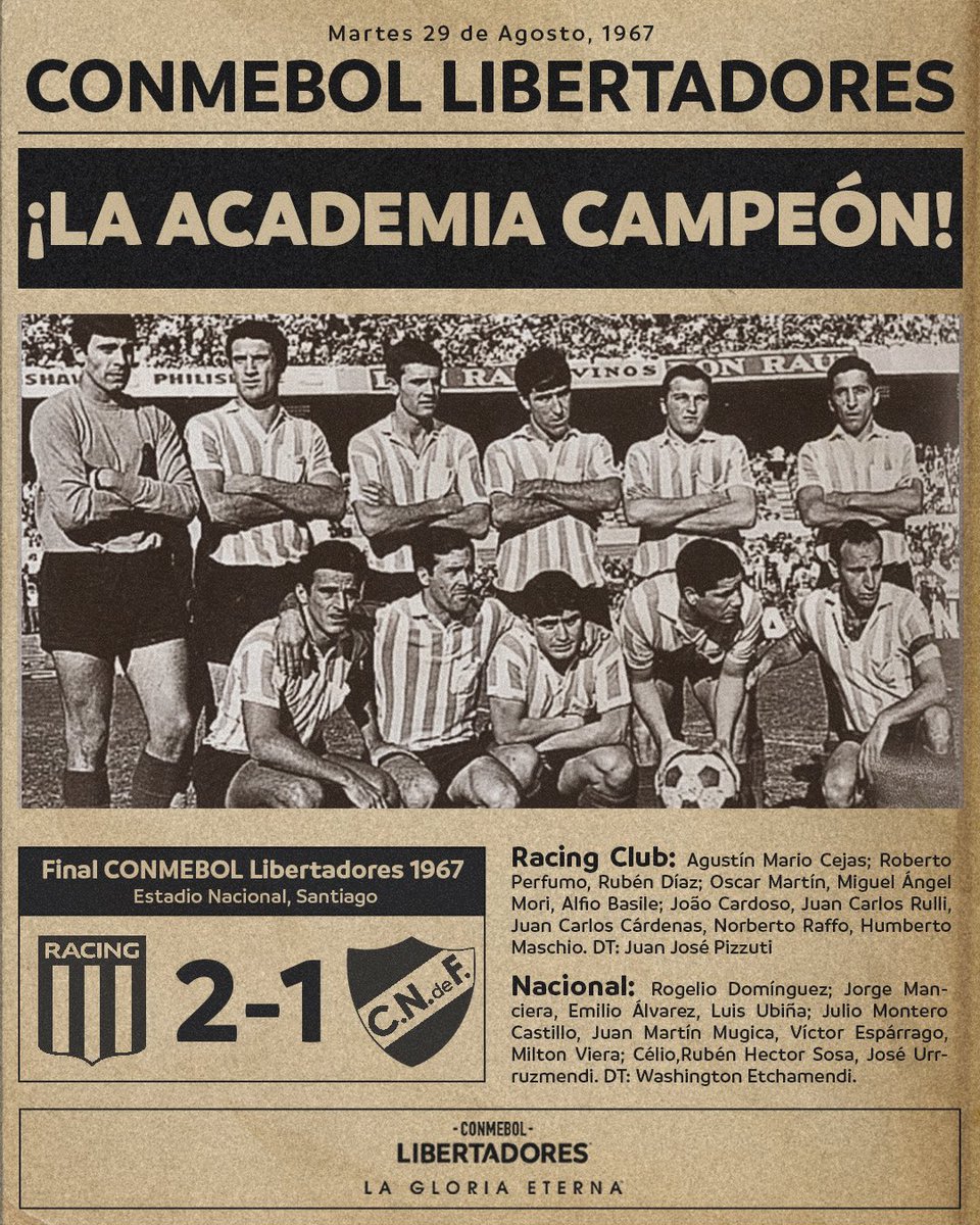 🔝✨ ¡Historia grande de la Academia!

🔙🏆 Un día como hoy pero de 1967, <a href="/RacingClub/">Racing Club</a> se consagró campéon de la CONMEBOL #Libertadores.

#GloriaEterna