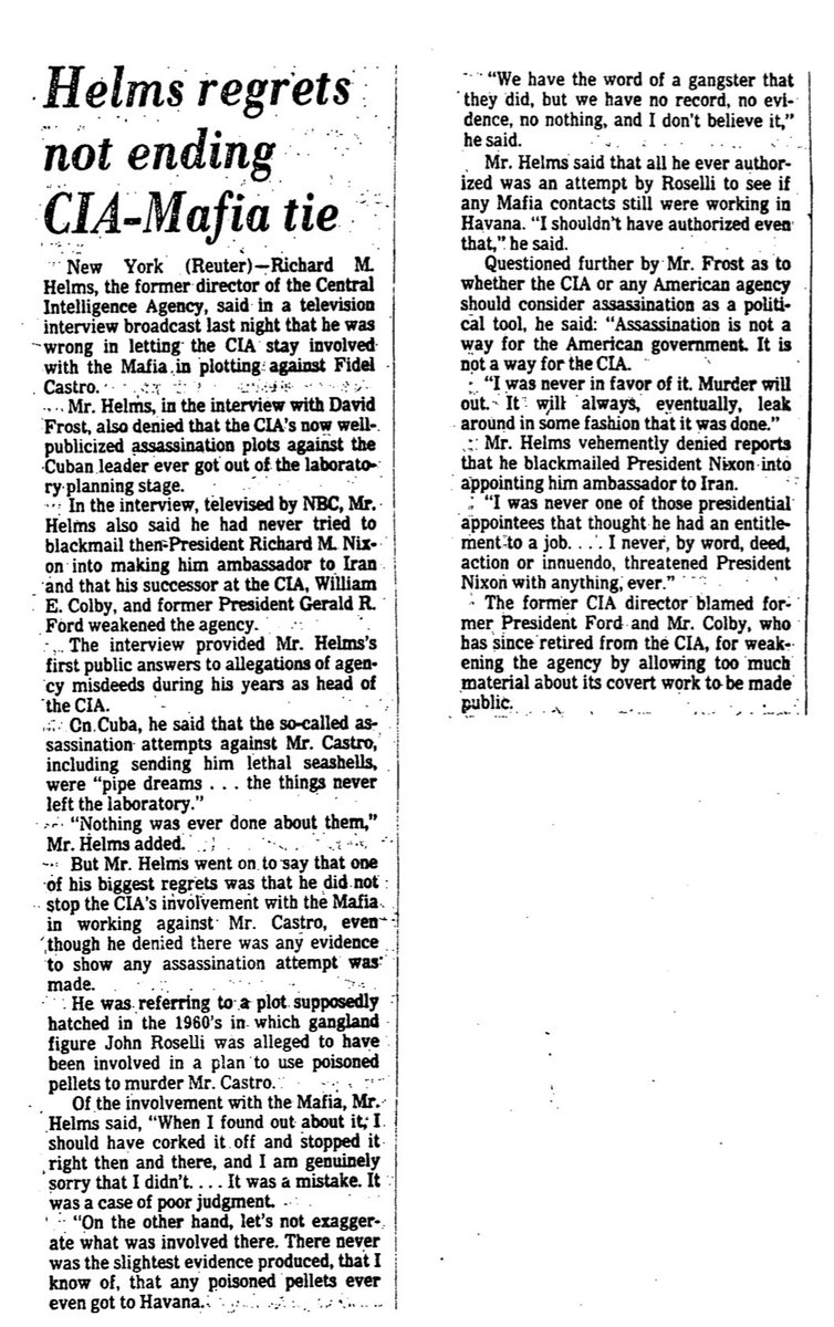 timfattig's tweet image. Former #CIA director #RichardHelms, interviewed by #DavidFrost in the summer of 1978, continued to downplay the scope of CIA plots to kill #FidelCastro and other leaders, and to separate himself from those plots: “Assassination is not a way for the American government. It is not…
