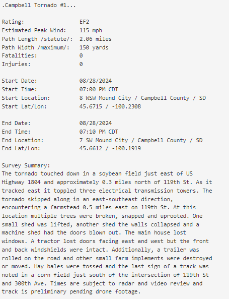 NWSAberdeen's tweet photo. Here are the preliminary results from our survey of last night's tornado event.  We have confirmed three tornadoes at this time, including an EF2, an EF1, and an EFU. For more information, see the attached images or visit the link below: 
https://t.co/CLkiM0DSTj https://t.co/MmzDbfkna9