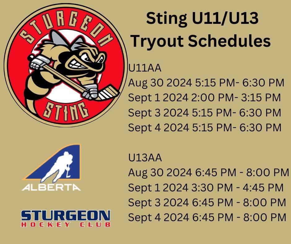 Friday is the first big day of tryouts 🐝🥅🏒

📣 U11AA/U13AA Tryouts start tomorrow 📣 

#icehockey #pathwaytosuccess #sturgeonsting #playerdevelopment #stingfamily🐝 #teamfirstmentality