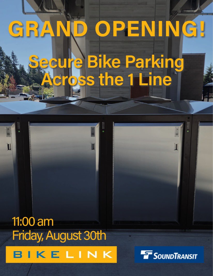 🚴‍♂️ Grand Opening Alert! 🚴‍♀️
The 1-Line opens tomorrow with <a href="/SoundTransit/">Sound Transit - 🚆 🚈 🚍</a> , and we're excited to announce that BikeLink Secure Bike Parking is now available at all stations along the line! 🎉

Come join us at the grand opening event on Friday, August 30th at 11:00! 
#BikeLink