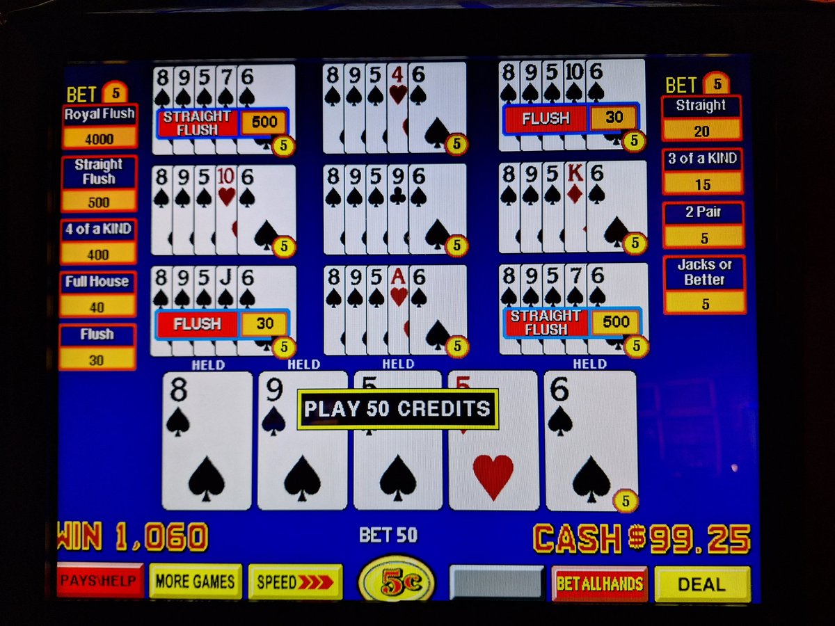 John_Mehaffey's tweet photo. This 8/6 Bonus Poker Deluxe game is for those who think a straight flush should pay more. It pays double on a straight flush, taking the paytable from 98.49% for a normal 8/6 BPD game to 99.07%. https://t.co/8xToLugfv9