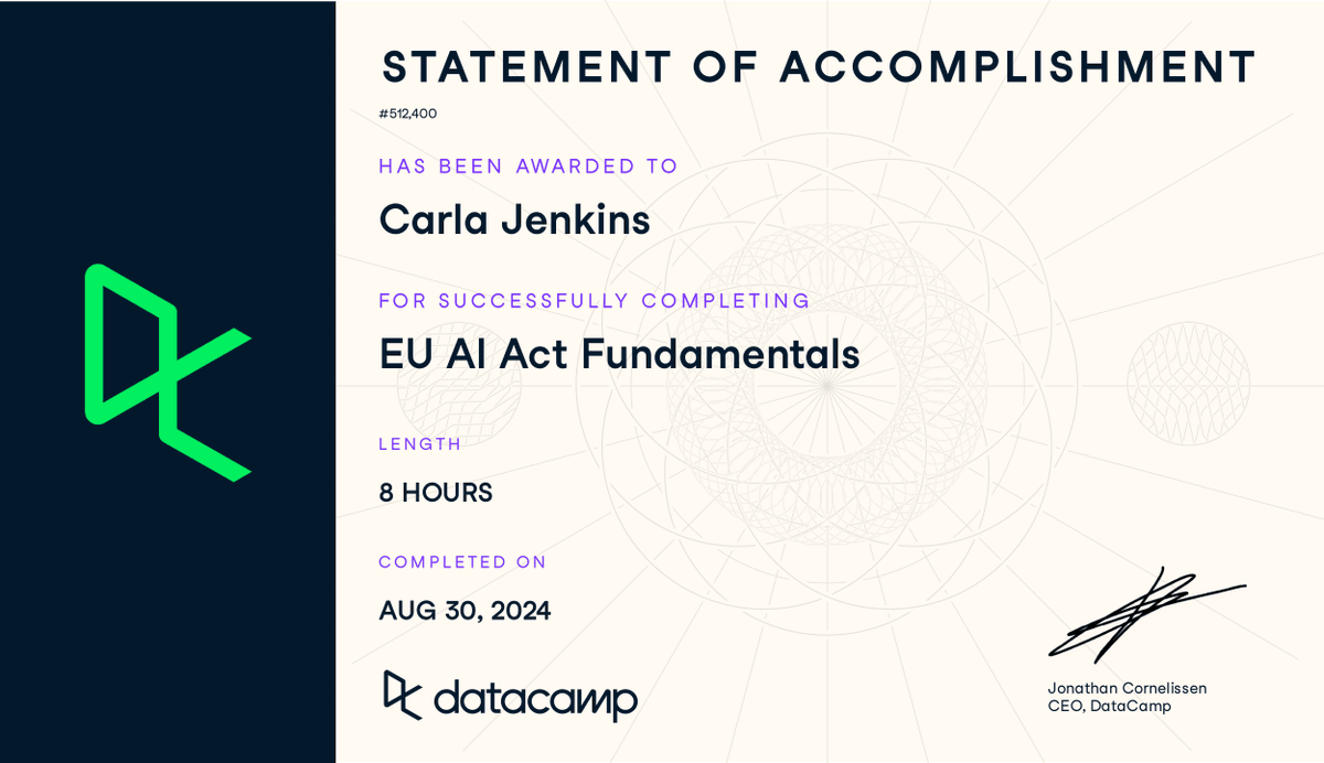 carlarjenkins's tweet photo. Just finished up the @DataCamp #EU #AI Act learning path during FREE Access Week. #freeweek #freetraining #aitraining #aiprivacy #artificialintelligence #datatraining https://t.co/yR43KG6p7u