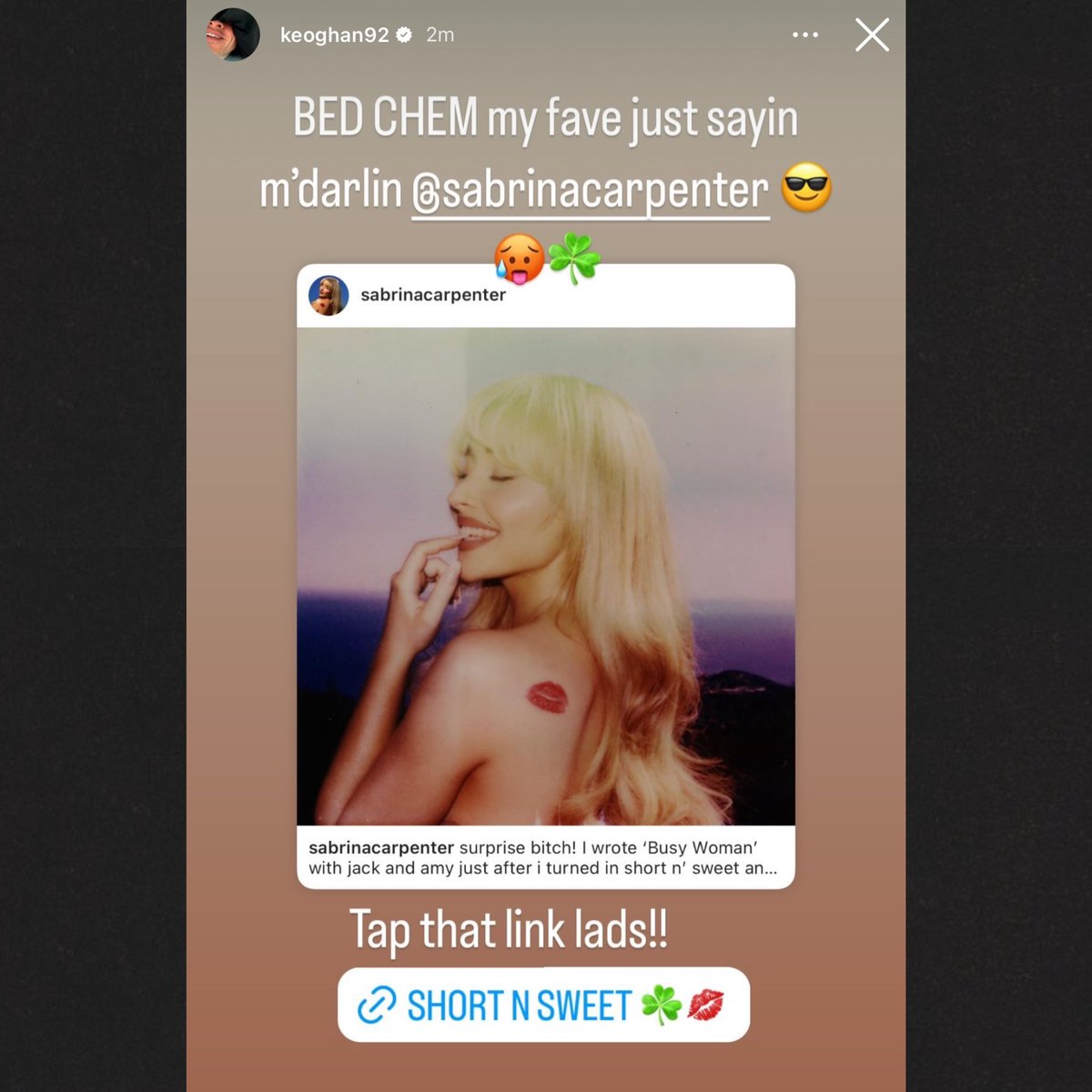 FilmUpdates's tweet photo. Barry Keoghan supporting Sabrina Carpenter in new post 📸

“BED CHEM my fave just sayin m’darlin…” https://t.co/KtAHZPbbdb