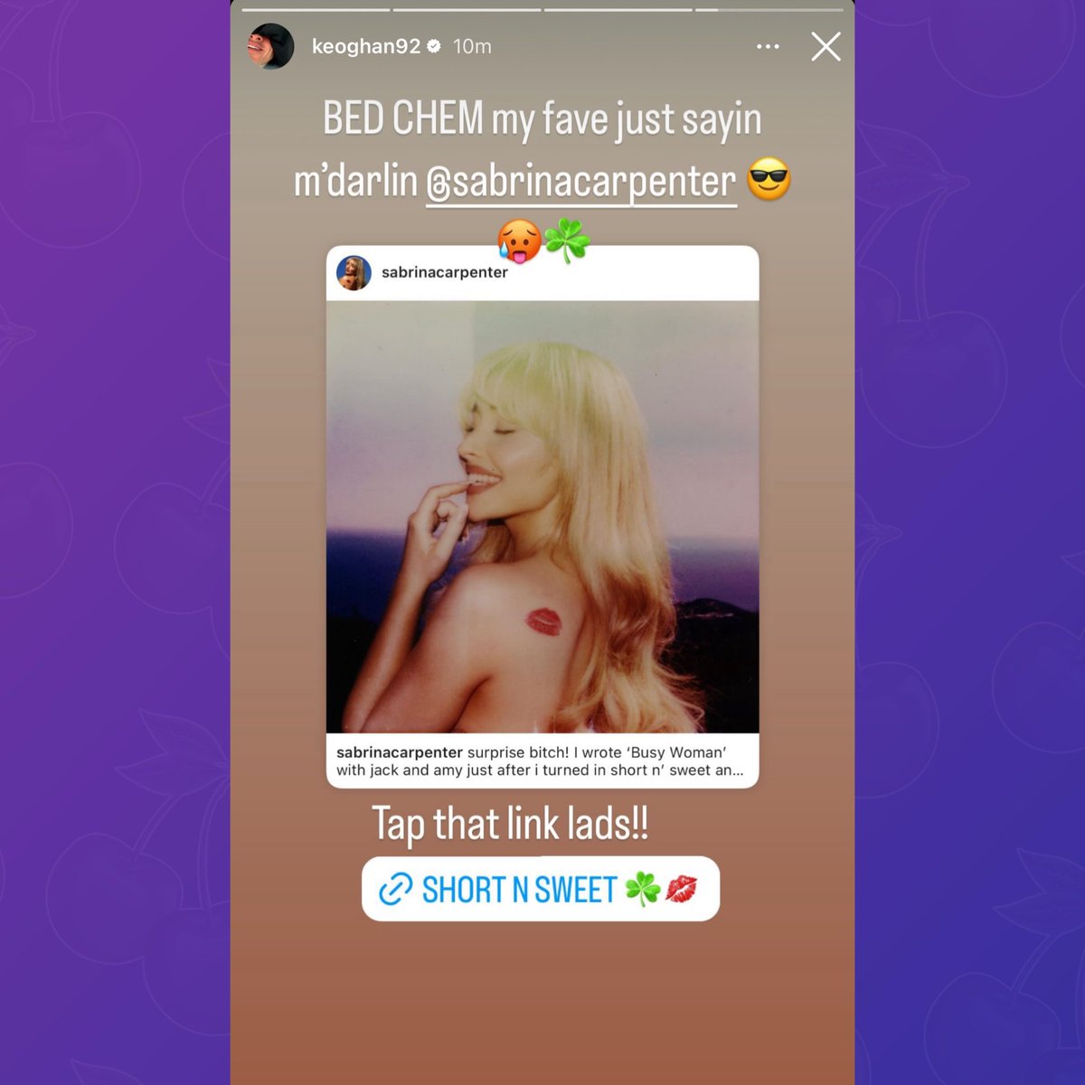 PopBase's tweet photo. Barry Keoghan shares Sabrina Carpenter’s new version of ‘Short n’ Sweet’ on his Instagram story:

“BED CHEM my fave just sayin m’darlin 😎 Tap that link lads!!” https://t.co/mgUditeMlH