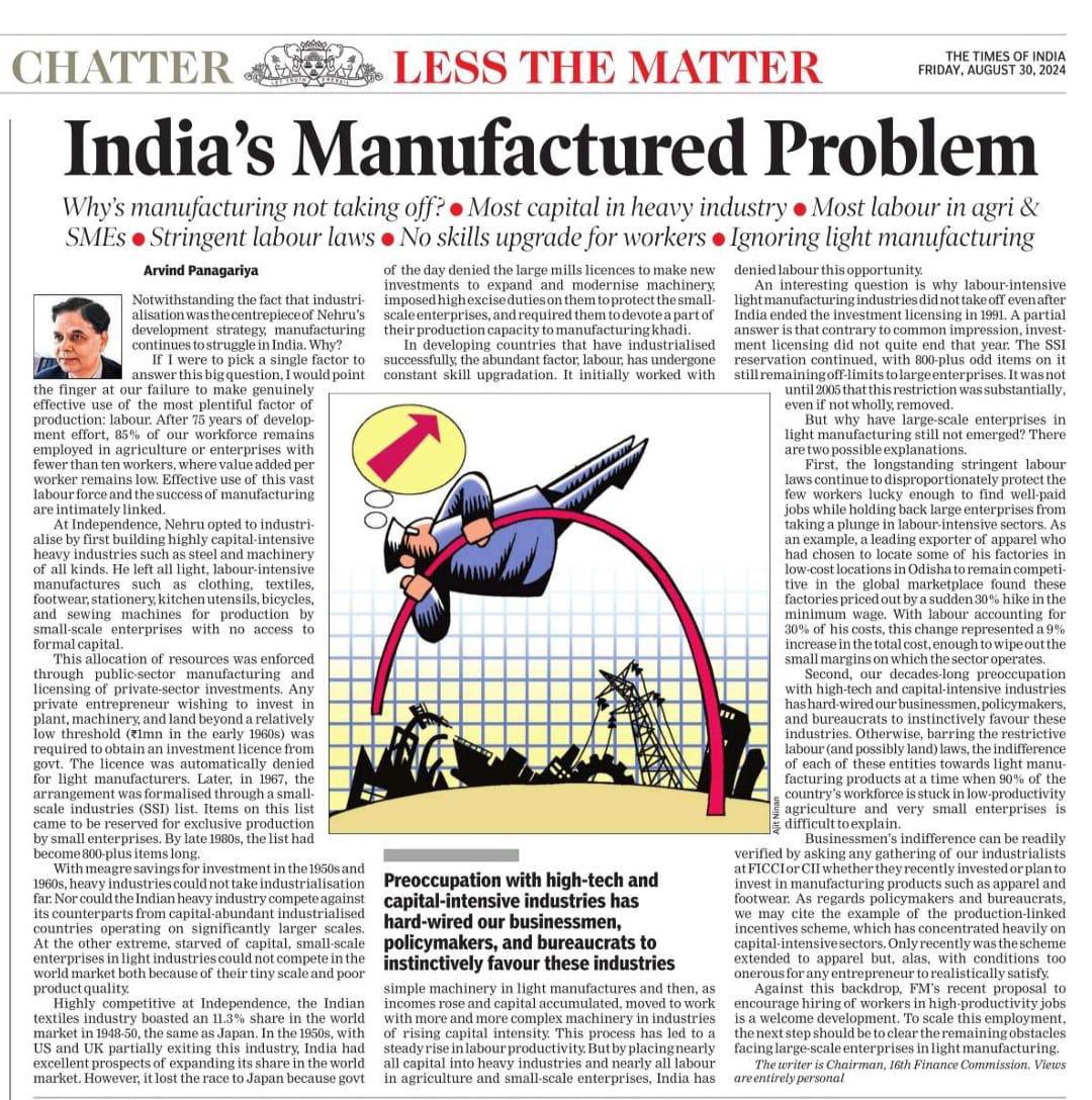 APanagariya's tweet photo. At the heart of the underperformance of Indian manufacturing since Independence is the lack of effective use of the country’s abundant factor of production, labor. https://t.co/tashYRwCN8