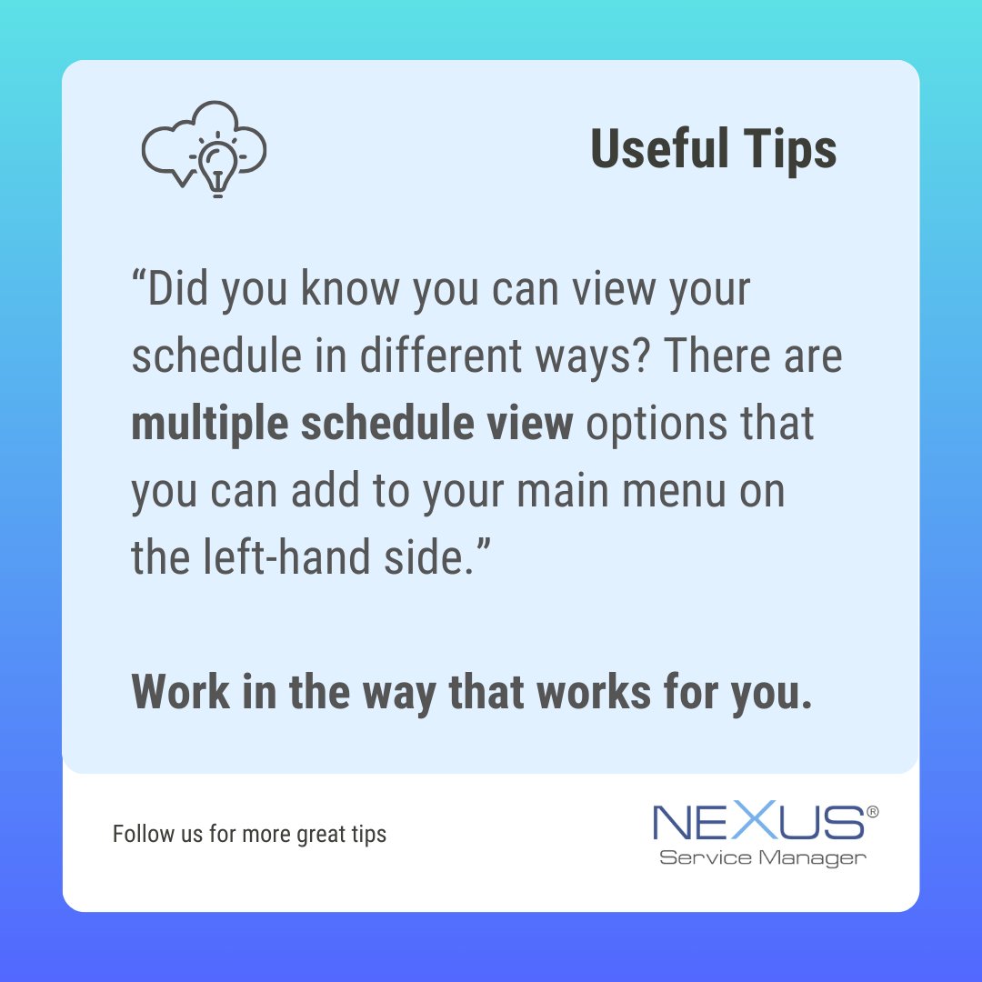 nexusserviceman's tweet image. 🔄 Did you know you can view your schedule in different ways?
There are multiple schedule view options that you can add to your main menu on the left-hand side.
Work in the way that works for you. 📅💼
nexusservicemanager.com.au/job-scheduling…
#JobSchedulingSoftware #JobManagementSoftware