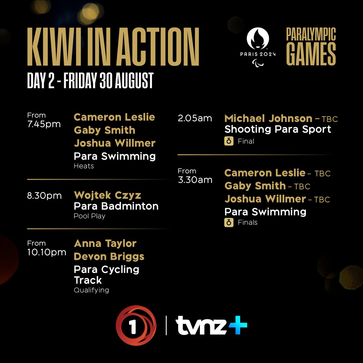 Things are really heating up in today's #Paris2024 Paralympic Games action 🔥🇳🇿

Join us LIVE from 7.30pm tonight on TVNZ 1 and TVNZ+

Note: The Shooting Para Sport Finals event, which may feature Michael Johnson will only be available via the Paris 2024 2 stream on TVNZ+