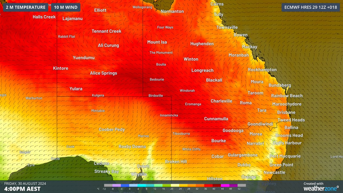 Winter records are tumbling across central Australia today. As of 2pm AEST, Birdsville's 39.4°C is a new state winter record for Queensland. Alice Springs (36.2°C), Bourke (36.8°C) and Moomba (37.3°C) also set new winter records today.

More details at: weatherzone.com.au/news/unprecede…