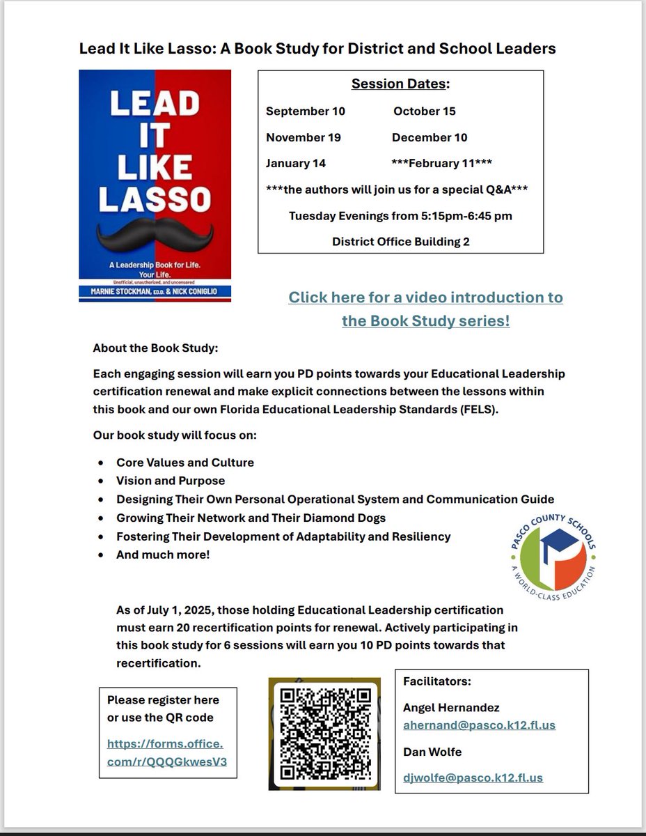 ServLeadInspire's tweet image. So for this next post please be curious, not judgmental. 😉 I have the opportunity to co-facilitate a leadership book study for Pasco leaders around the book Lead It Like Lasso. Here is the flyer and the video promo we put together as Ted Lasso of course! Enjoy!☺️ @DocStock14