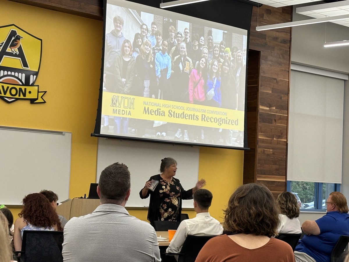 AvonSupt's tweet photo. Thanks to ⁦@AvonKiwanisClub⁩ for supporting @AHS_Orioles⁩ Media Team (Broadcast, Yearbook, &amp; Newspaper). Students highlighted their work tonight. Thanks to Cathy Myers, owner of Hend County Connect, for sharing how proud the late Rick Myers would be of these students! https://t.co/RJvmpQx44s