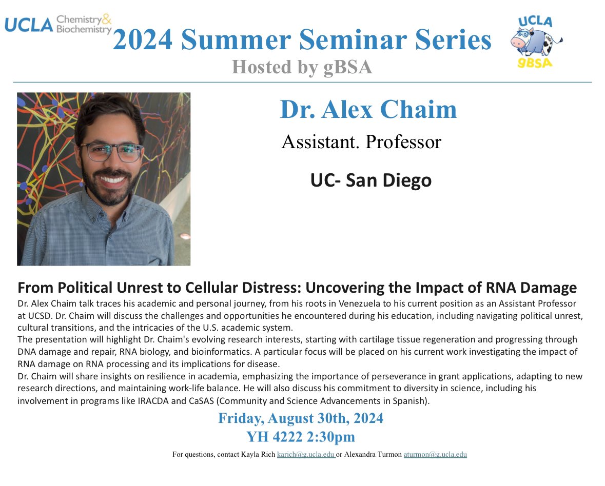 Alex Chaim 🎗️ (@iachaim) on Twitter photo Very much looking forward to meeting students and colleagues tomorrow. If you are around <a href="/uclachem/">UCLA Chem & Biochem</a> stop by YH 4222 for my talk. Will be sharing the science we do and how my personal journey took us there. Very much looking forward to meeting students and colleagues tomorrow. If you are around <a href="/uclachem/">UCLA Chem & Biochem</a> stop by YH 4222 for my talk. Will be sharing the science we do and how my personal journey took us there.