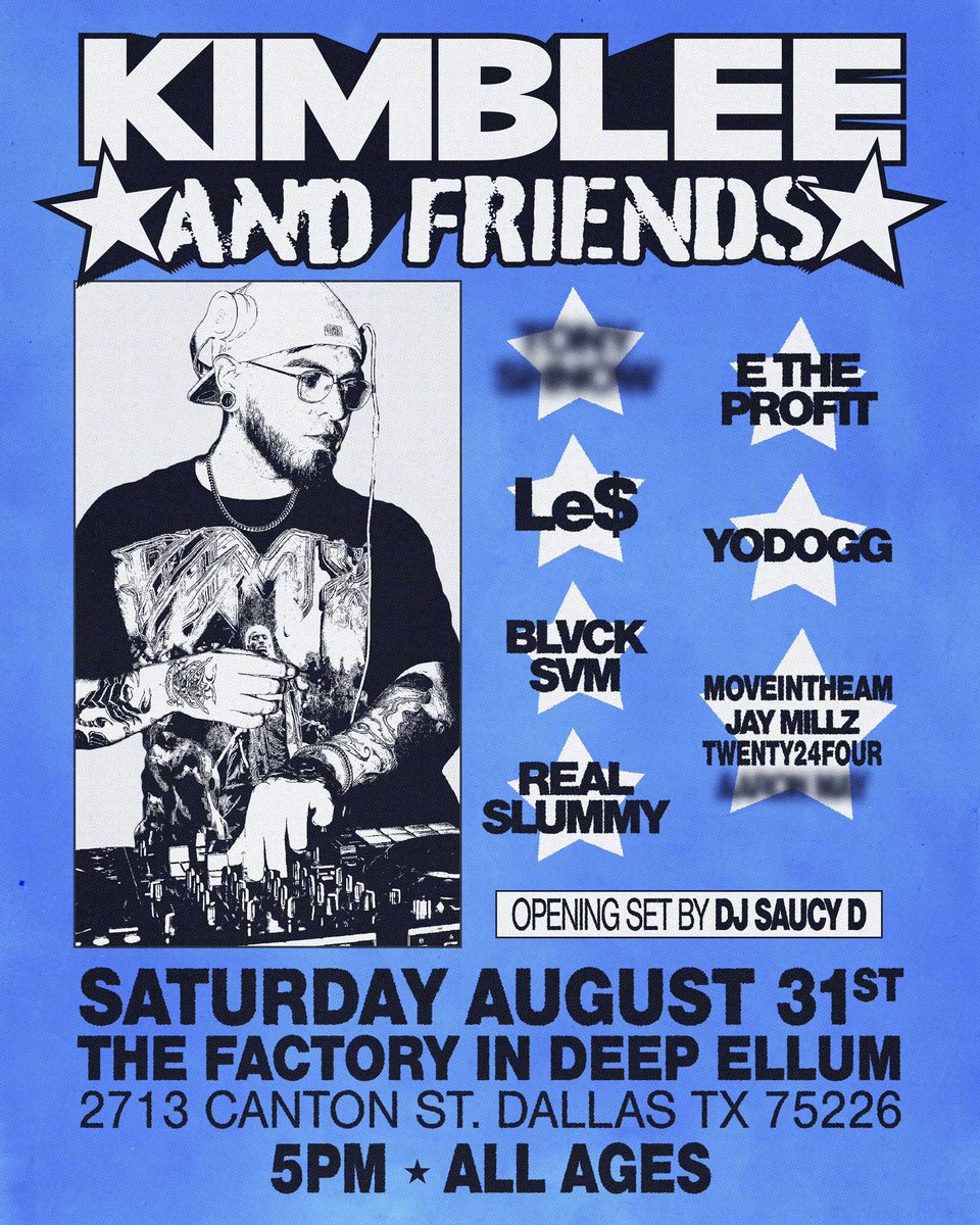 DJKIMBLEE's tweet photo. KIMBLEE &amp; FRIENDS ⭐️

Special guests for this saturday just dropped! 

i’ve got more in the tuck i just can’t post them 🤐 

see y’all saturday! 

THIS ONES FOR DALLAS AND ALL OF TEXAS 🌟

https://t.co/Ifr5P9imeK https://t.co/EhrYGSdfNT