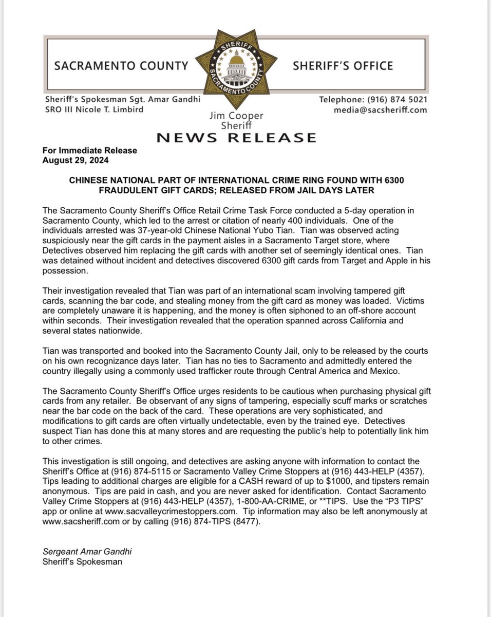 sacsheriff's tweet image. CHINESE NATIONAL PART OF INTERNATIONAL CRIME RING ARRESTED WITH 6300 FRAUDULENT GIFT CARDS; RELEASED FROM JAIL DAYS LATER
 
The Sacramento County Sheriff’s Office Retail Crime Task Force conducted a 5-day operation in Sacramento County, which led to the arrest or citation of…