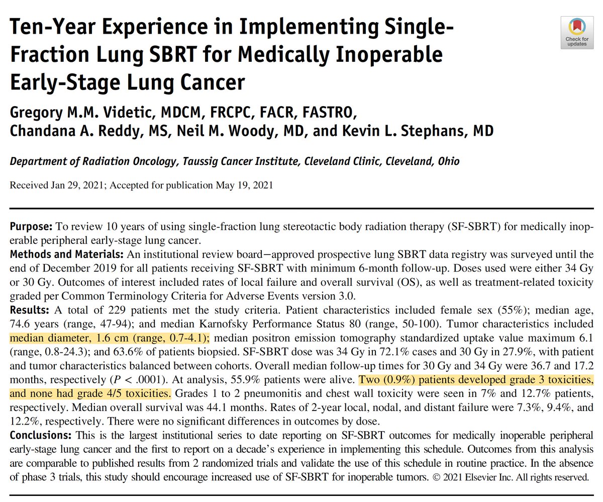 Single fraction lung SBRT has become my go-to for medically inoperable stage I NSCLC. How about others? #radonc pubmed.ncbi.nlm.nih.gov/34048817/