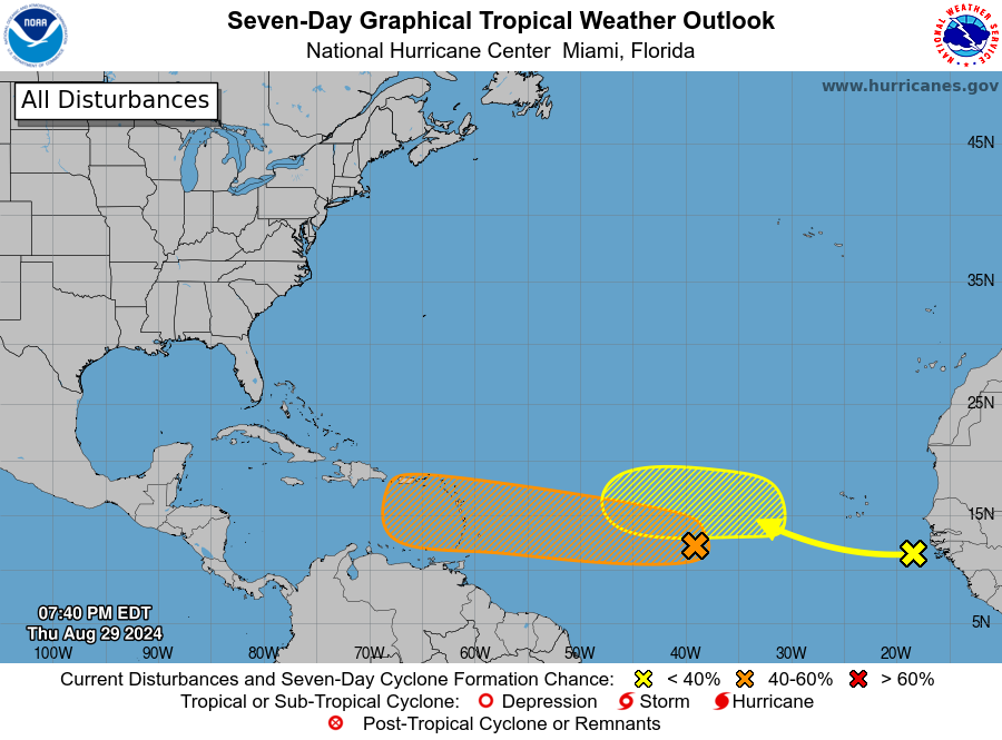 NHC_Atlantic's tweet photo. 8pm EDT Aug 29th -- NHC is now monitoring two tropical waves, one in the central Tropical Atlantic that has a medium chance (50%🟠) &amp; one off the coast of Africa that has a low chance (20%🟡) of TC development over the next 7 days.

Latest Outlook: https://t.co/DboWSR4Ct1 https://t.co/PDkxSyeAD2