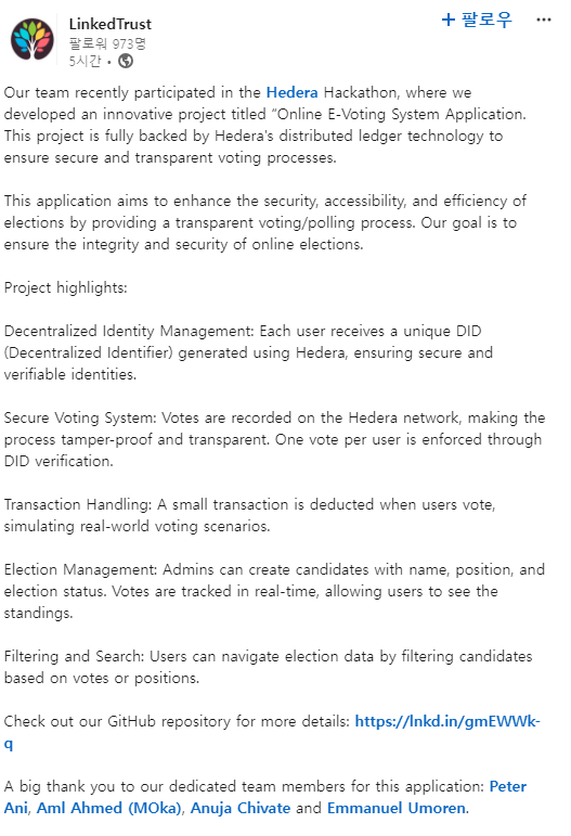 SYCR6h8A4qUyAHf's tweet photo. https://t.co/yDc52N22r0

#Hedera

Our team recently participated in the Hedera Hackathon, where we developed an innovative project titled “Online E-Voting System Application. https://t.co/GlhWZfth2M