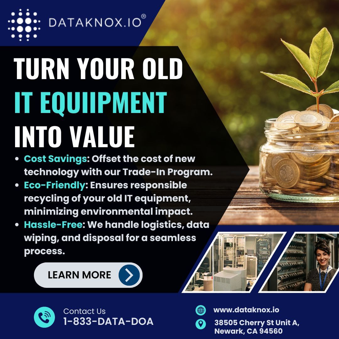 Dataknox_io's tweet photo. Maximize the value of your old hardware with our trade-in program. Invest in new technology while saving costs. 

#TradeInValue #ITOptimization #TechUpgrade #EcoFriendly #CostSavings #Dataknox https://t.co/R5YOVoi2Bm