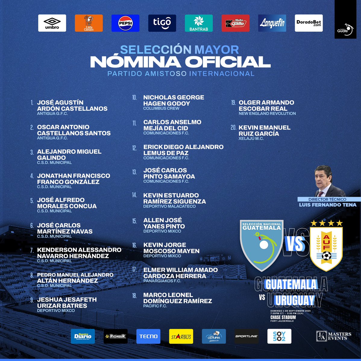 fedefut_oficial's tweet photo. 📋N Ó M I N A  O F I C I A L   ·   Selección Mayor. 

El Director Técnico de #SeleMayor Luis Fernando Tena, convoca a los siguientes jugadores para el Partido Amistoso Internacional ante la Selección de Uruguay🇺🇾

#VamosGuate #ModoSelección #JuntosGuate 🇬🇹💙⚽️ https://t.co/GS5PJHjkKk