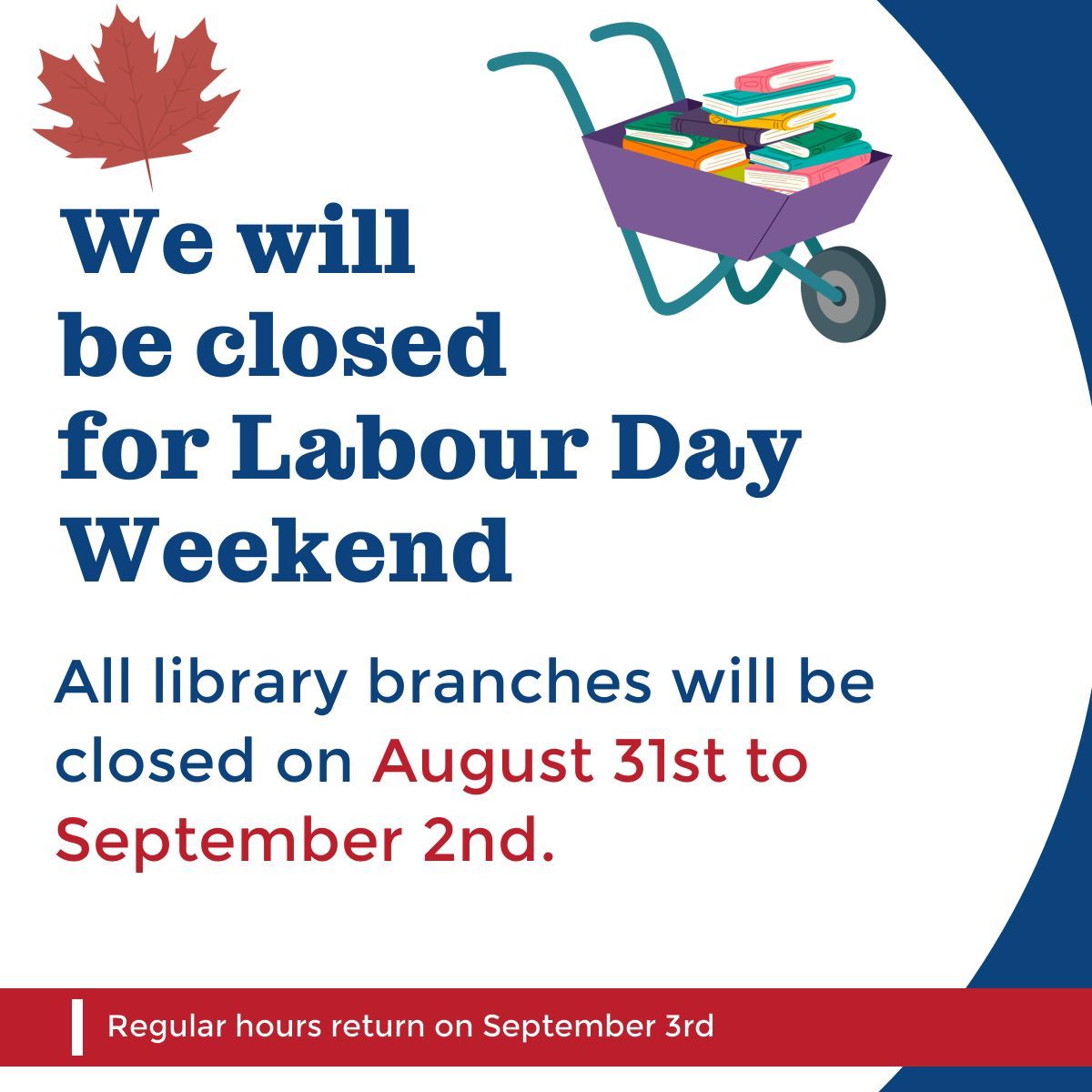 SeguinPL's tweet photo. We're taking a short break for the long weekend. See you back with our regular hours on September 3rd! #LongWeekend#seguinpubliclibrariesON #TheNatrualPlaceToBe #SeguinON https://t.co/f90BN9Xl0W