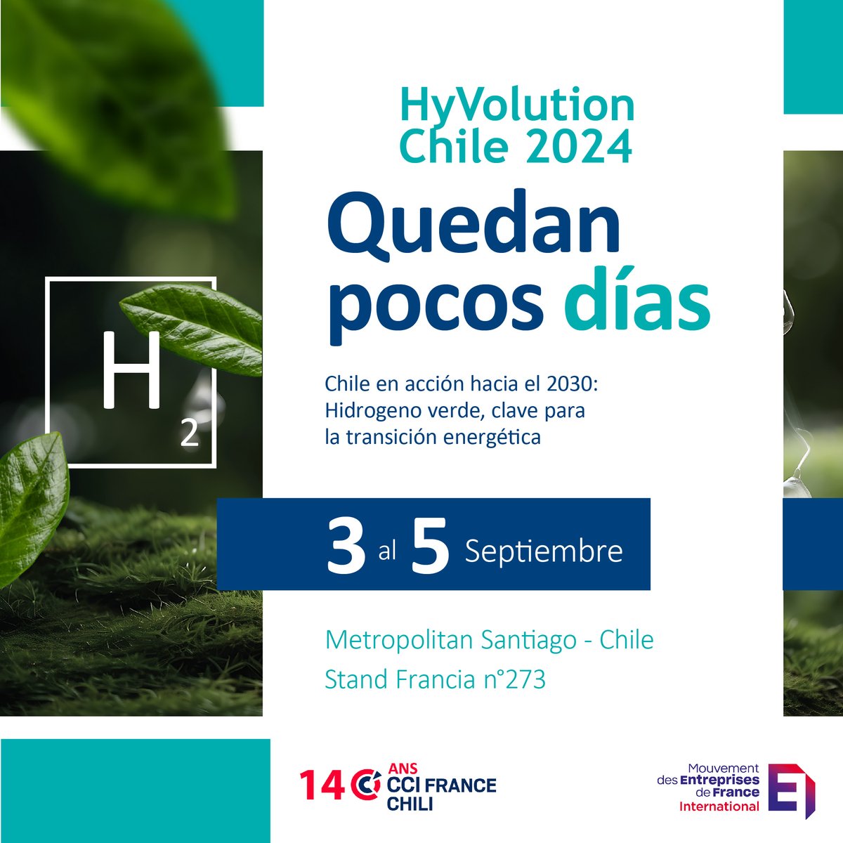 🇫🇷🌱 ¡Francia lidera la transición energética en HyVolution Chile 2024! 🌍

Más de 20 empresas se unen en el Pabellón de Francia.  Ven al stand 273 y conoce las últimas innovaciones en hidrógeno verde.

Obtén tus entradas aquí: chile.hyvolution.com
