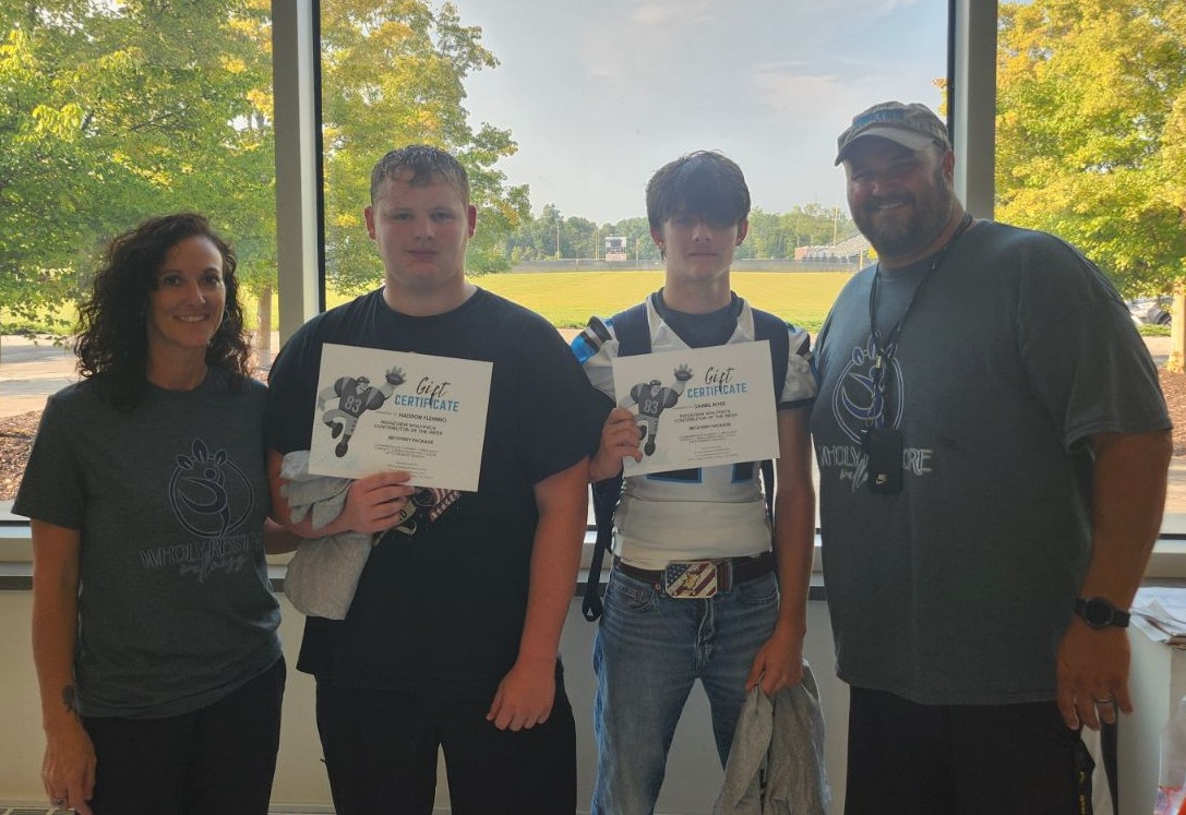 Congrats to Haddon and Daniel for being named the first Contributors of the Week for the 2024 season. Thank you to Coach Owens and Patti from Wholy Restore Wellness for providing the shirts and gift certificates!