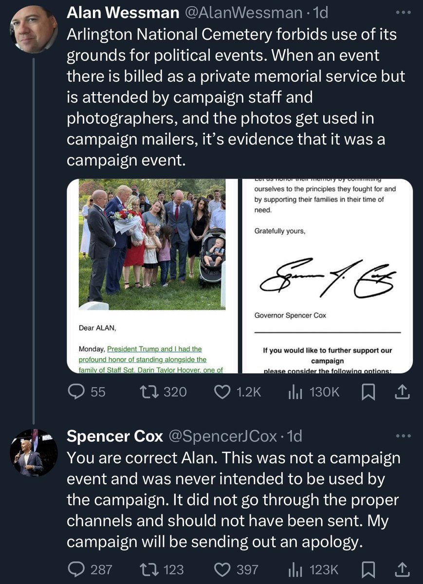Utah’s Republican Gov Cox, who was at Arlington with Trump but claims like Trump that this was NOT a campaign event, admits to sending out a fundraising email connected to it.