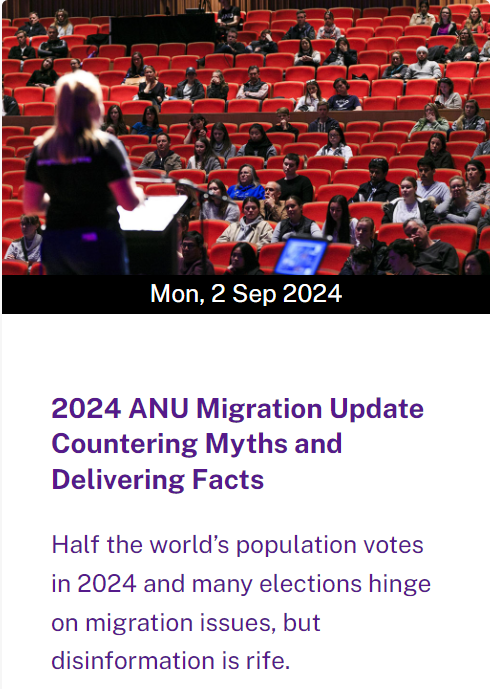 ANUMigration's tweet photo. Monday, 02 Sept 2024! 🗓️ #ANUMigrationUpdate: Countering Myths & Delivering Facts.
🎤 Keynote: Prof Rebekah Brown (ANU) & Dr Marie McAuliffe (IOM)🎙️ Ministerial Address: Hon Matt Thistlethwaite MP
📄 Program: https://t.co/ZIGQsoHTGi
✏️ Register now: https://t.co/3vcn123U7H https://t.co/fgDn4IiEkq