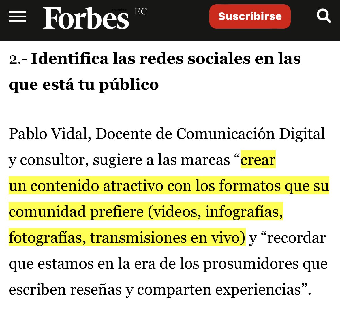 <a href="/pablovidalmkt/">Pablo Vidal Marketing</a> <a href="/forbesecuador/">Forbes Ecuador</a> <a href="/SergioJMazure/">Sergio Jiménez Mazure</a> <a href="/forbesuruguay/">Forbes Uruguay 🇺🇾</a> Gracias Pablo a ti por tus opiniones y por compartir tus experiencias con la audiencia de la revista. Criterios muy importantes forbes.com.ec/negocios/13-tr…