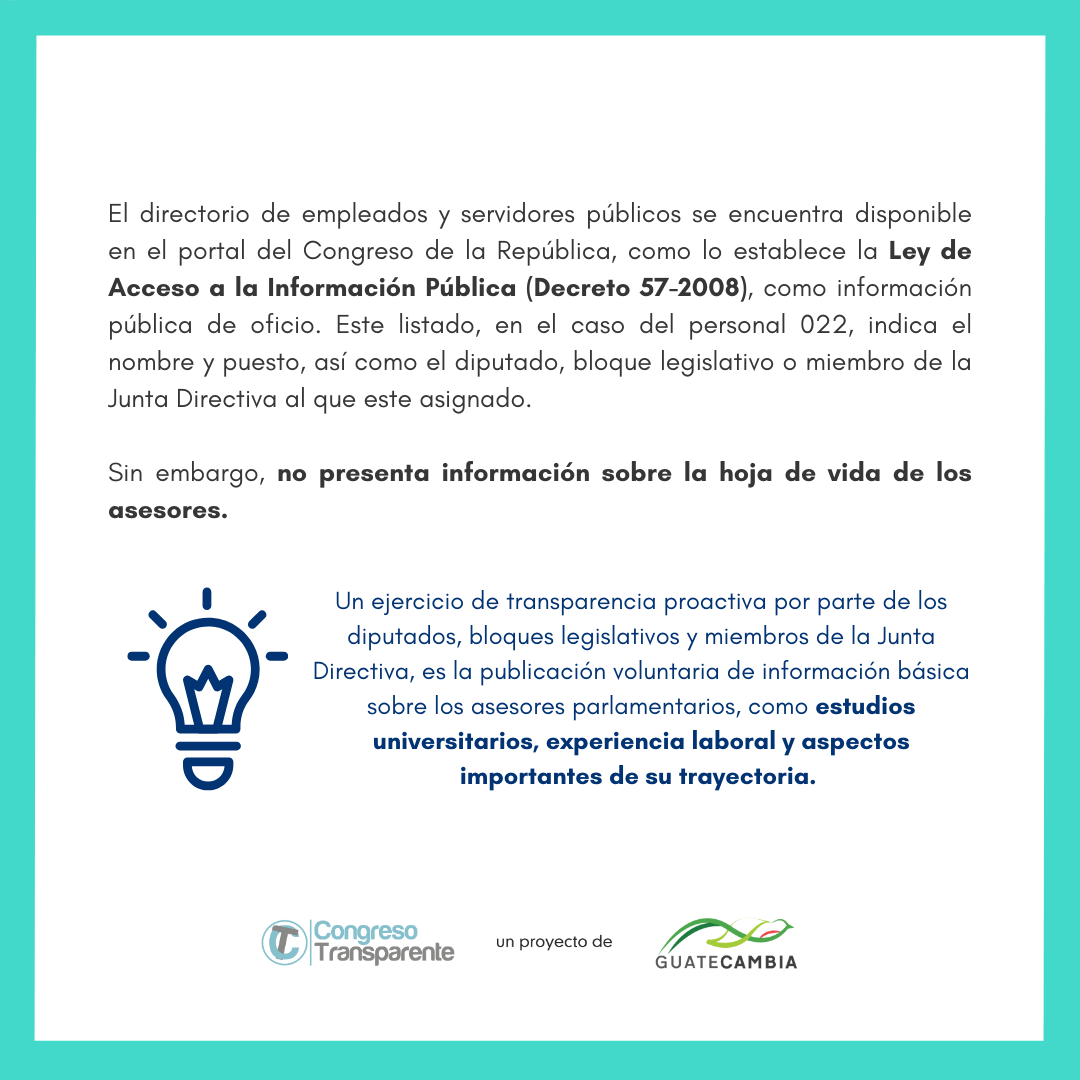 CongresoT's tweet photo. Específicamente sobre los asesores parlamentarios, el Manual de puestos y salarios reglón 022 del Organismo Legislativo, establece las funciones a realizar. La información pública de oficio sobre los asesores no presenta la hoja de vida o experiencia de cada asesor. https://t.co/QgKJGtdwrX