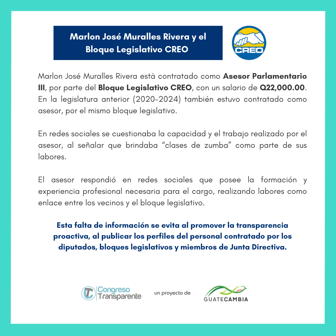 CongresoT's tweet photo. El caso del asesor parlamentario del bloque legislativo @DiputadosCREO , permite ejemplificar la importancia de esta información. Los bloques del @CongresoGuate pueden construir un parlamento más abierto y transparente publicando los perfiles de sus equipos de trabajo.💪🇬🇹 https://t.co/GcGBJuYKLd