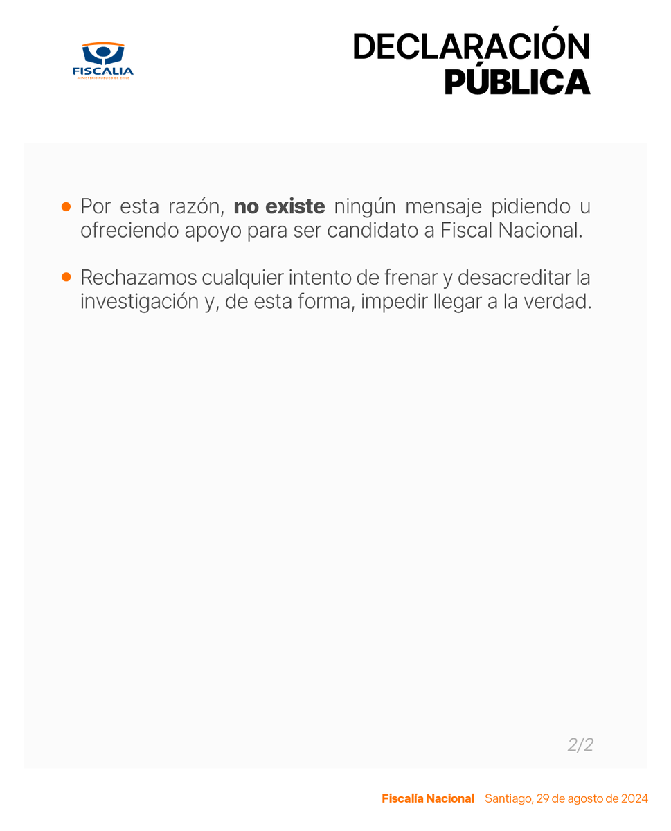 FiscaliadeChile's tweet photo. DECLARACIÓN PÚBLICA   |   Ante diversas versiones y consultas de prensa, la Fiscalía Nacional quiere aclarar lo siguiente. https://t.co/JSe2uBOLsh