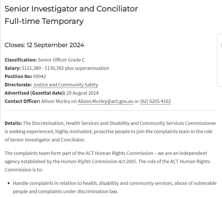 Seeking experienced people to join complaints team in Senior Investigator and Conciliator roles (several roles), managing complex complaints across jurisdictions inc discrim, health services &amp; more. Closes 12 Sept 👇
jobs.act.gov.au/jobs/justice-a…
#canberrajobs