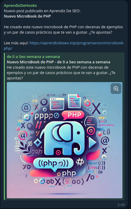 vicks630's tweet photo. ¡Por fin! Terminado el #microbook de #PHP ! Además con un ejemplo chuli que muestra cómo crear un bot que suba enlaces a tus nuevos posts a Telegram ;) ¡Mañana te cuento! https://t.co/7ZNYObF3Jw