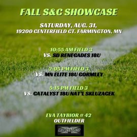 evataybior's tweet photo. My first tournament of the fall is this weekend! We are playing in the S&amp;C Showcase in Farmington MN! I’m so excited to play with my team again! @THolt0184 @MIDWESTSPEEDSC https://t.co/ZgNrTV3EQo