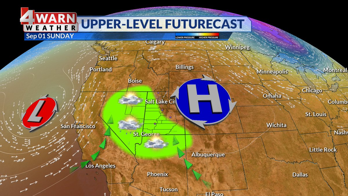 AlanaBrophyWX's tweet image. #4WARN: Positioning of the high could lead to a bit of monsoon moisture sneaking back into #Utah and allowing for some isolated thunderstorms for Labor Day weekend

Saturday: SW Utah 
Sunday: Southern, Central &amp;amp; West Desert
Monday: Northern &amp;amp; Central Utah

#utwx @abc4utah