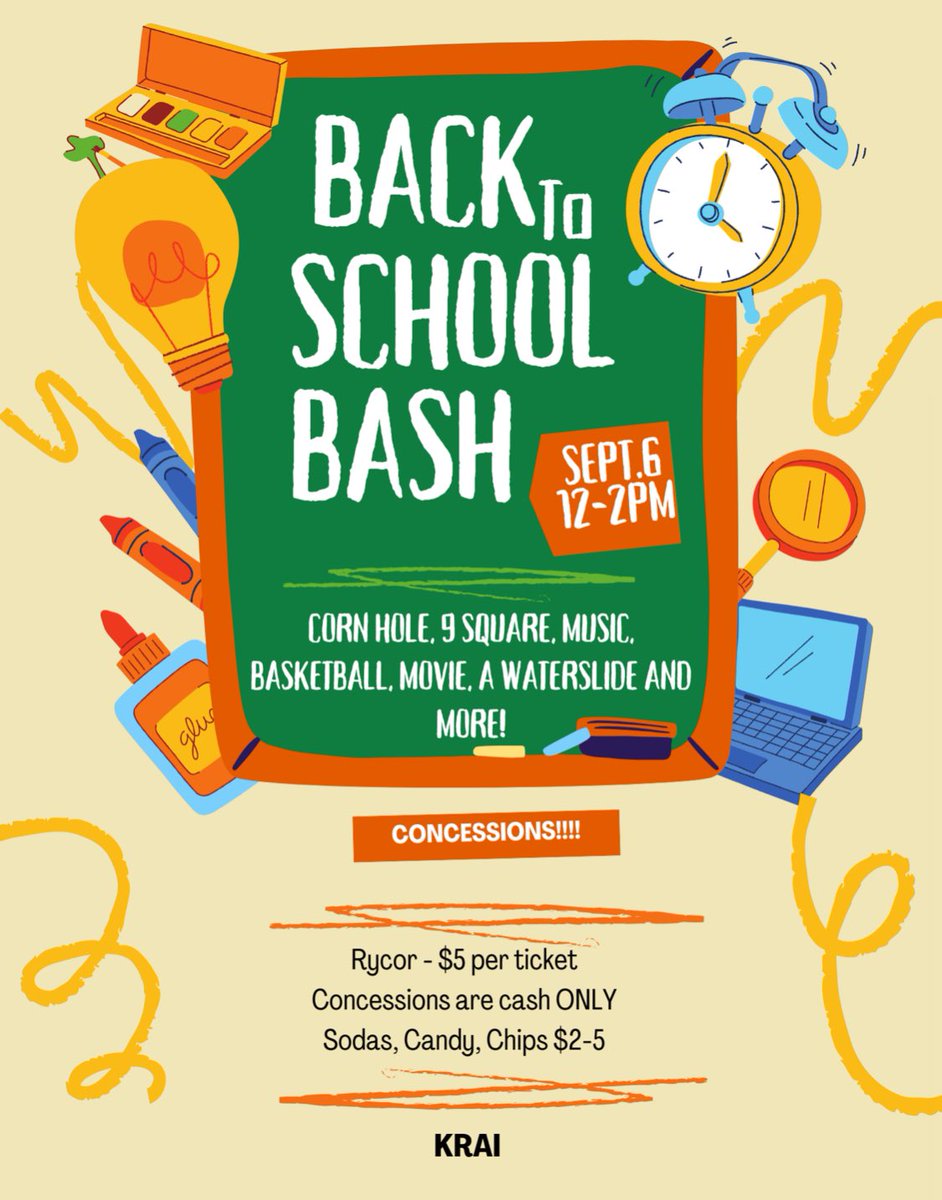 **Back to School Bash!**
September 6th 12:00pm-2:00pm
We will be on an active bell schedule!  Join us for an unforgettable Back to School Bash! 🎉
- **Water Slide Fun** 💦
- **Exciting Games** 🏀 
- **Movie Room** 🍿
- And so much more!
**Cost:** Just $5 on Rycor Student Pay.