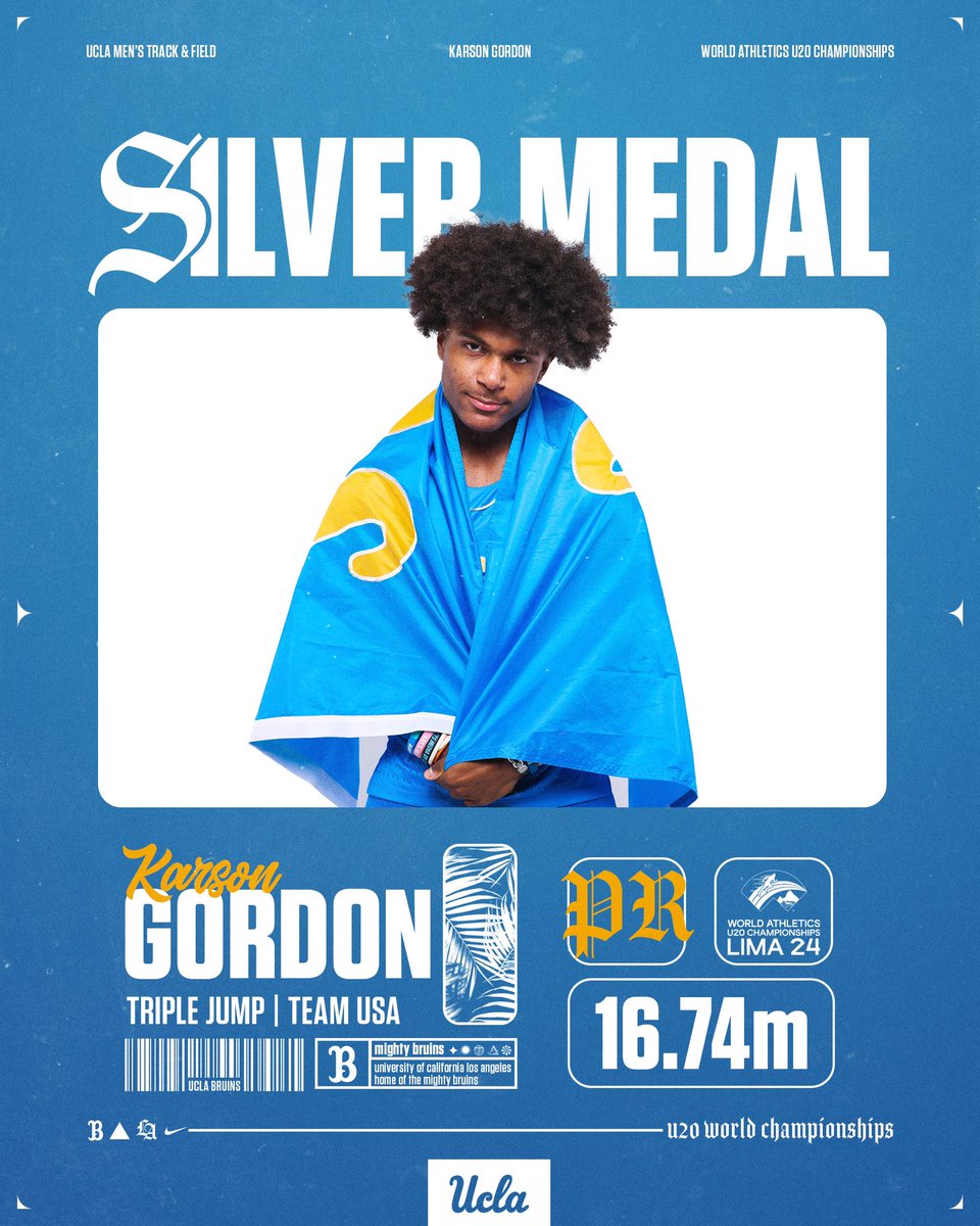 UCLATrack_Field's tweet photo. 𝙊𝙣 𝙩𝙝𝙚 𝙥𝙤𝙙𝙞𝙪𝙢 🥈

Karson Gordon crushed his personal best to leap into a silver medal at the World Athletics U20 Championships in Lima!

#GoBruins https://t.co/irIWdK4bkF